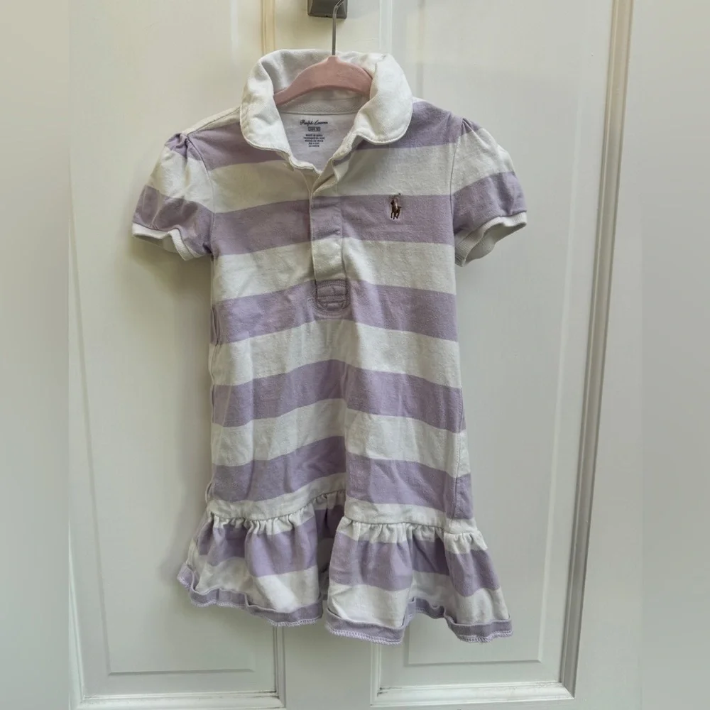 Ralph Lauren 24M Girls Purple & White Stripe Short Sleeve Collar Dress